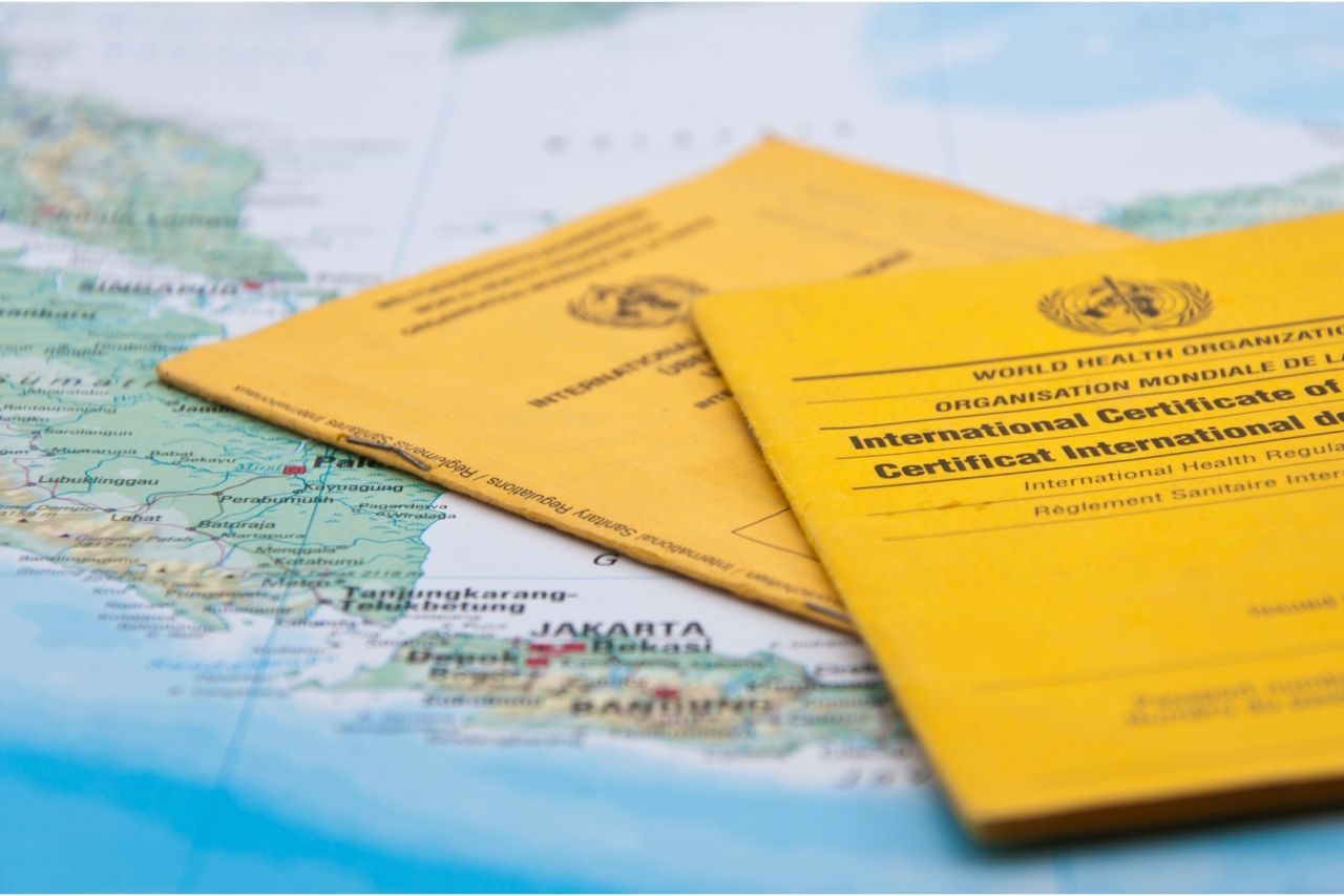 na imagem, um certificado de vacinação e o mapa do mundo.