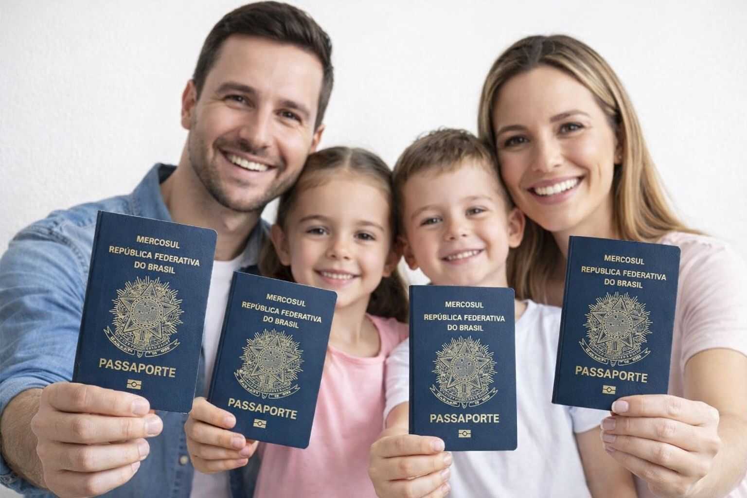 família feliz após aprender como tirar passaporte segurando passaportes brasileiros prontos para viagem internacional