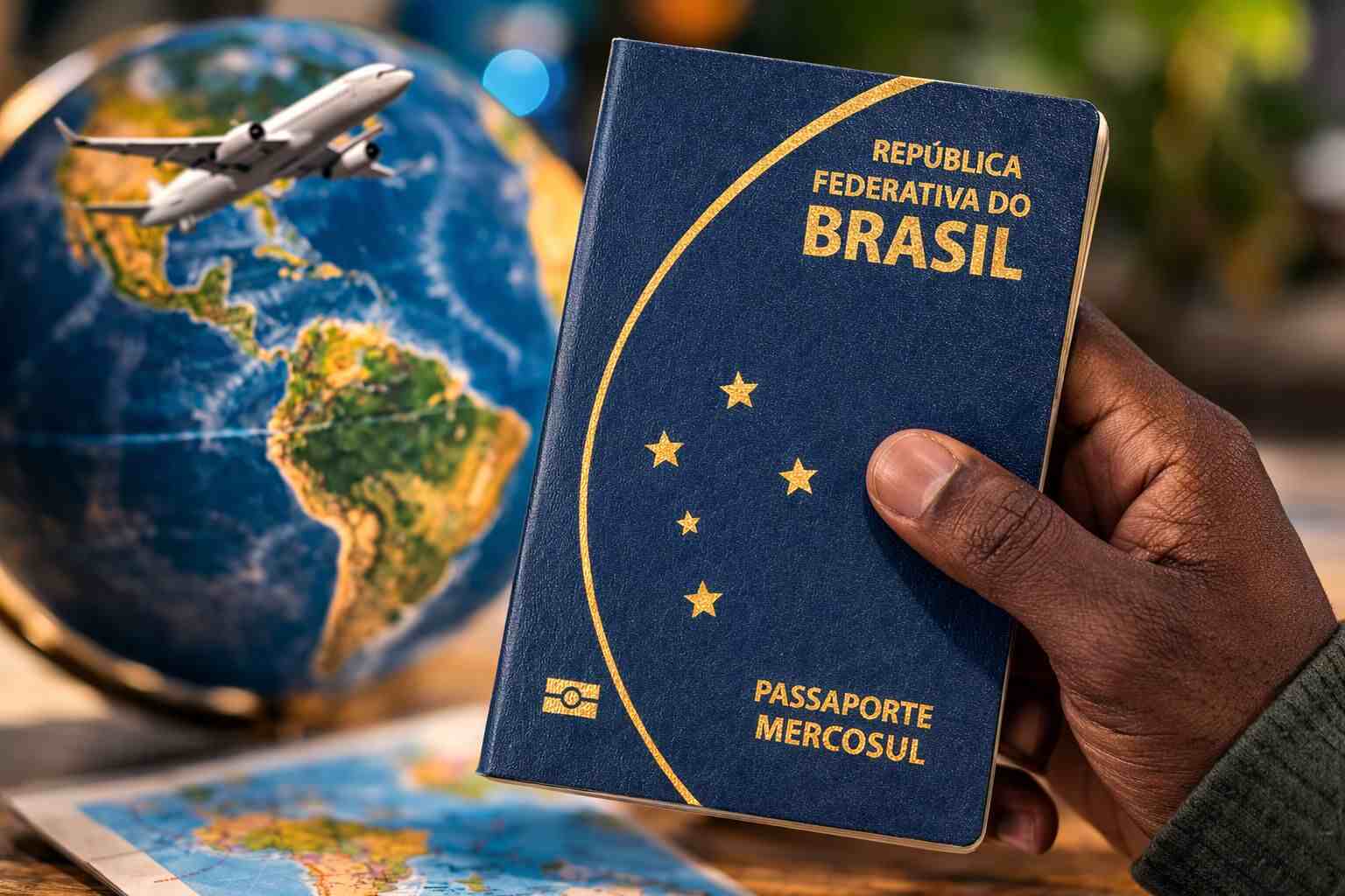 Mão segurando passaporte brasileiro com globo e avião ao fundo, simbolizando a relevância dos documentos para tirar o passaporte e viajar pelo mundo.