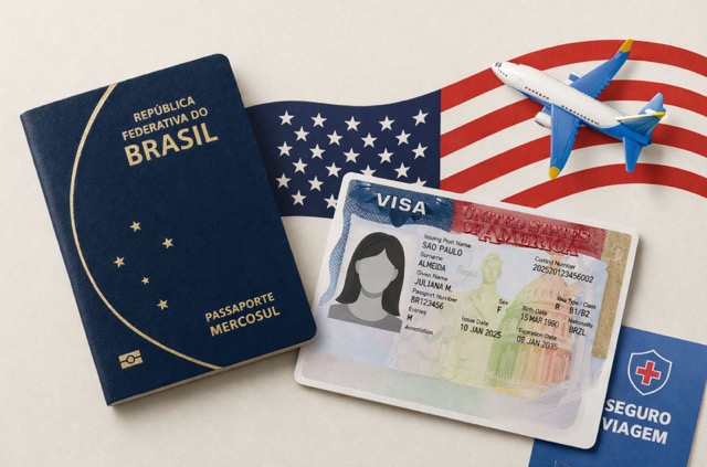 Ilustração sobre como renovar visto americano, com referência visual a passaporte brasileiro e visto dos Estados Unidos.