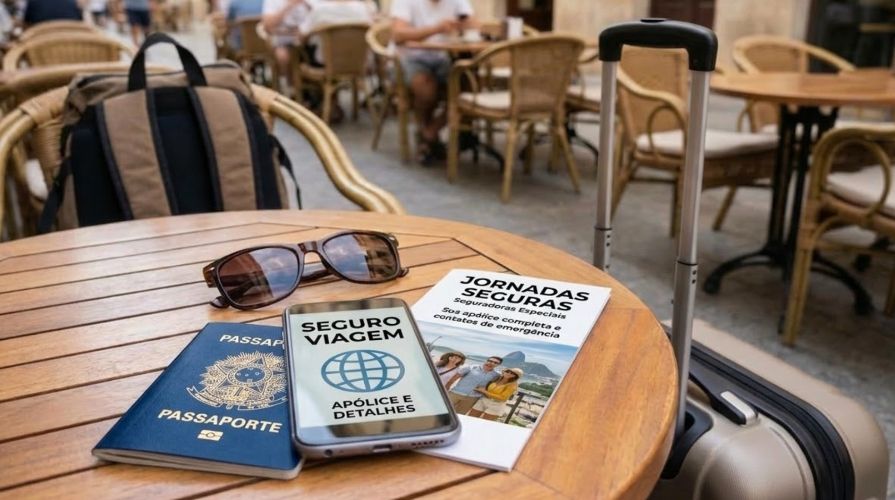 mala, passaporte e celular com apólice de seguro viagem em um dos países com saúde pública gratuita.